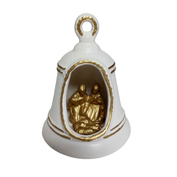 Vintage Nativity Bell Ornament White Gold Christmas Decor ππ - Picture 2 of 9